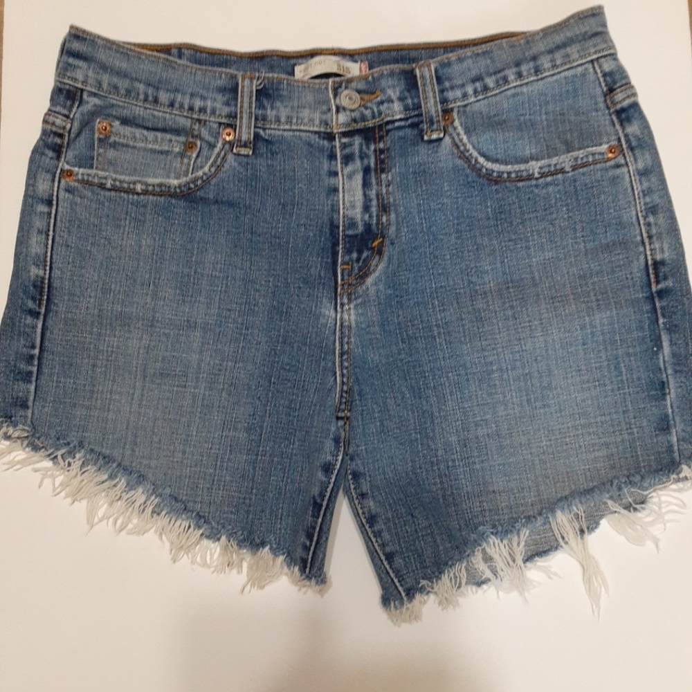 Levi's 515 Denim Cut off Jean shorts, womens size 8M, mid rise, hand cut, frayed